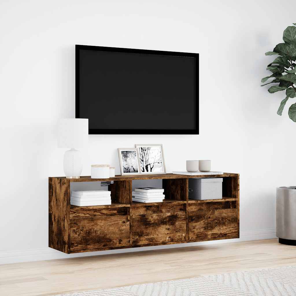 Meuble TV mural avec lumières LED chêne fumé 130x31x45 cm - XIOS