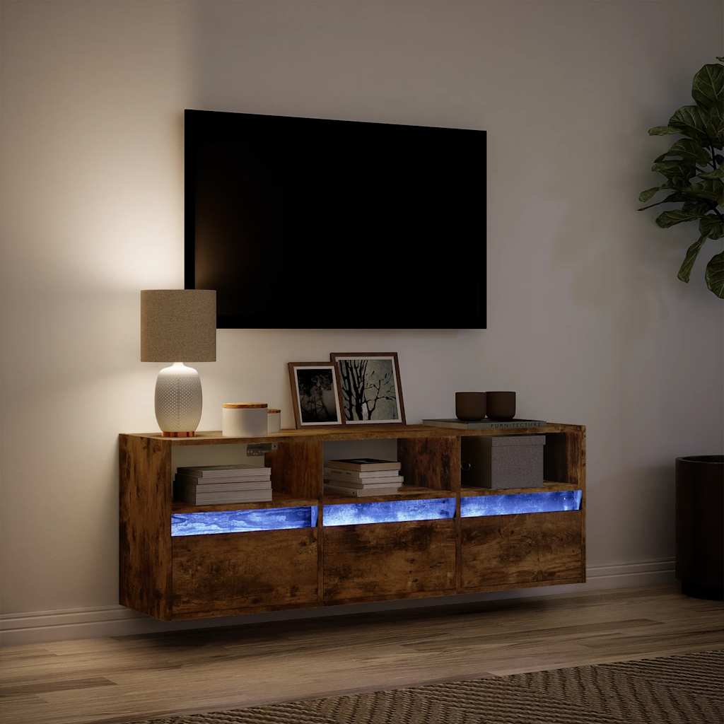 Meuble TV mural avec lumières LED chêne fumé 130x31x45 cm - XIOS