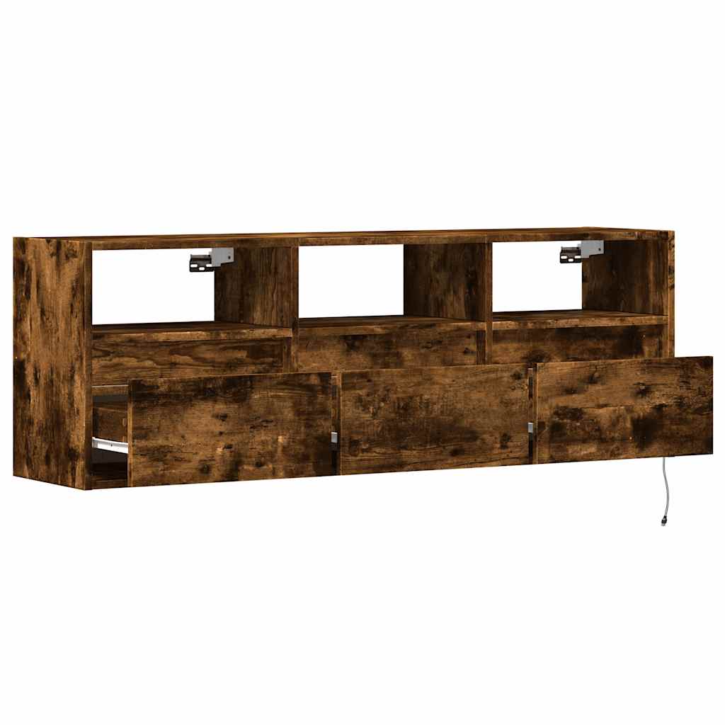 Meuble TV mural avec lumières LED chêne fumé 130x31x45 cm - XIOS