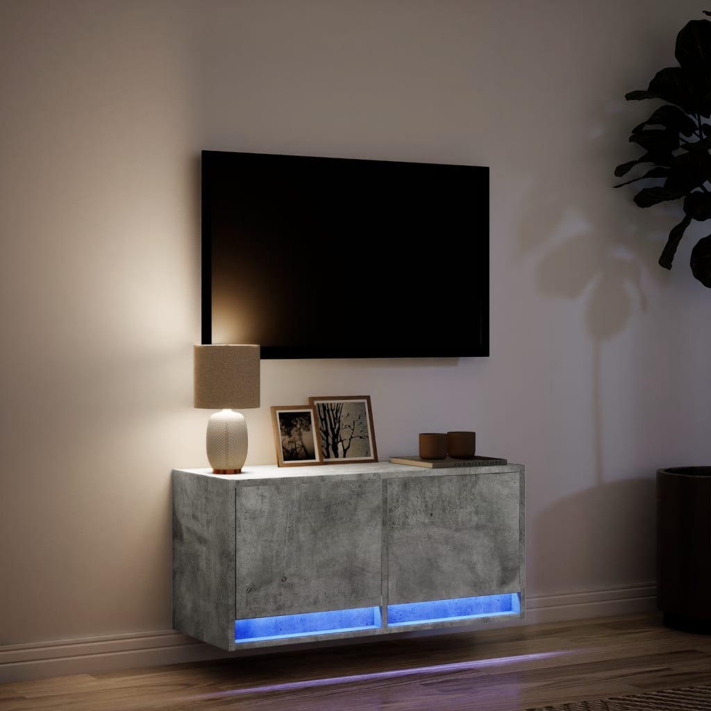 Meuble TV mural avec lumières LED gris béton 80x31x35 cm - XIOS