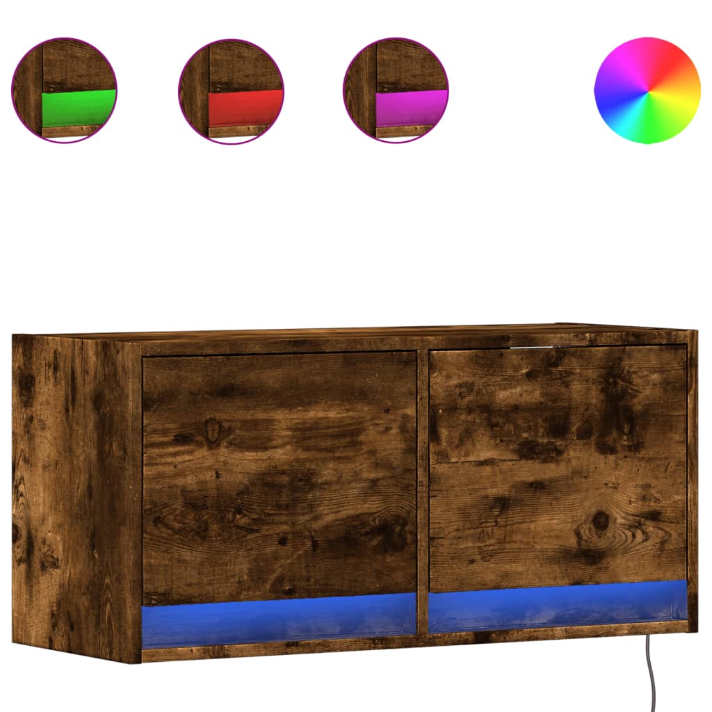 Meuble TV mural avec lumières LED chêne fumé 80x31x35 cm - XIOS