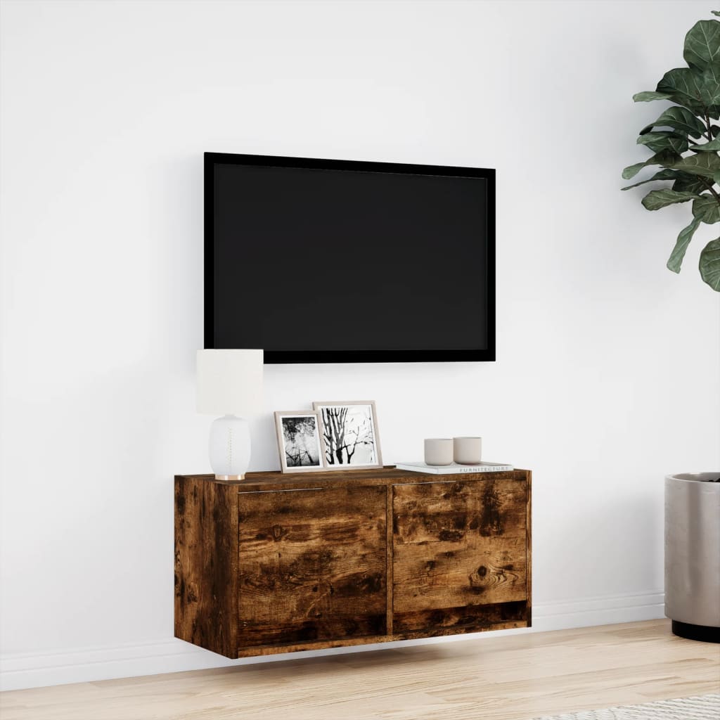 Meuble TV mural avec lumières LED chêne fumé 80x31x35 cm - XIOS