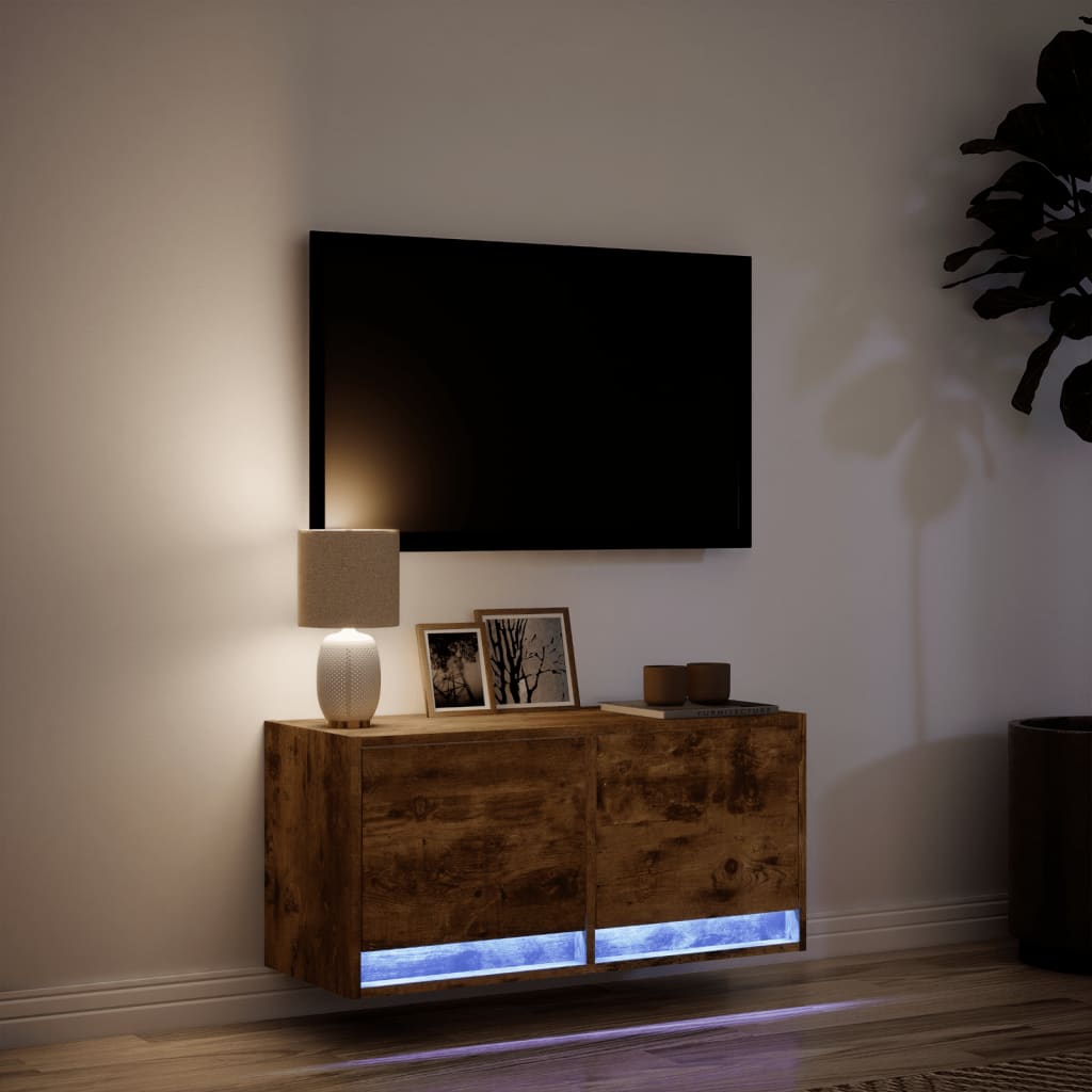 Meuble TV mural avec lumières LED chêne fumé 80x31x35 cm - XIOS