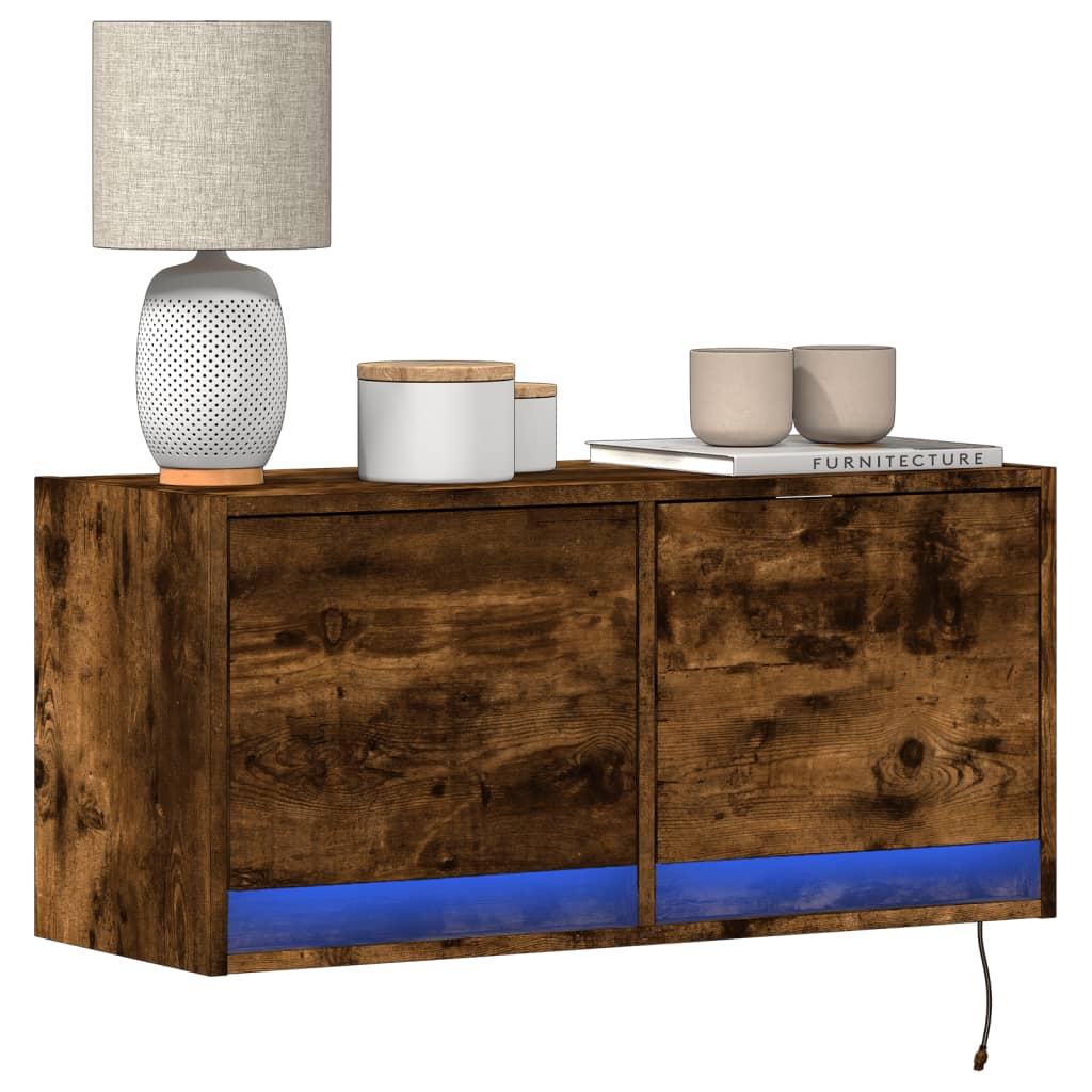 Meuble TV mural avec lumières LED chêne fumé 80x31x35 cm - XIOS