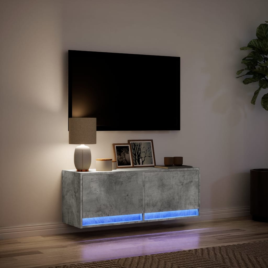 Meuble TV mural avec lumières LED gris béton 100x31x35 cm - XIOS