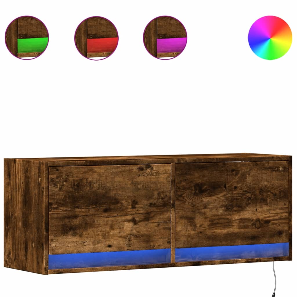 Meuble TV mural avec lumières LED chêne fumé 100x31x35 cm - XIOS