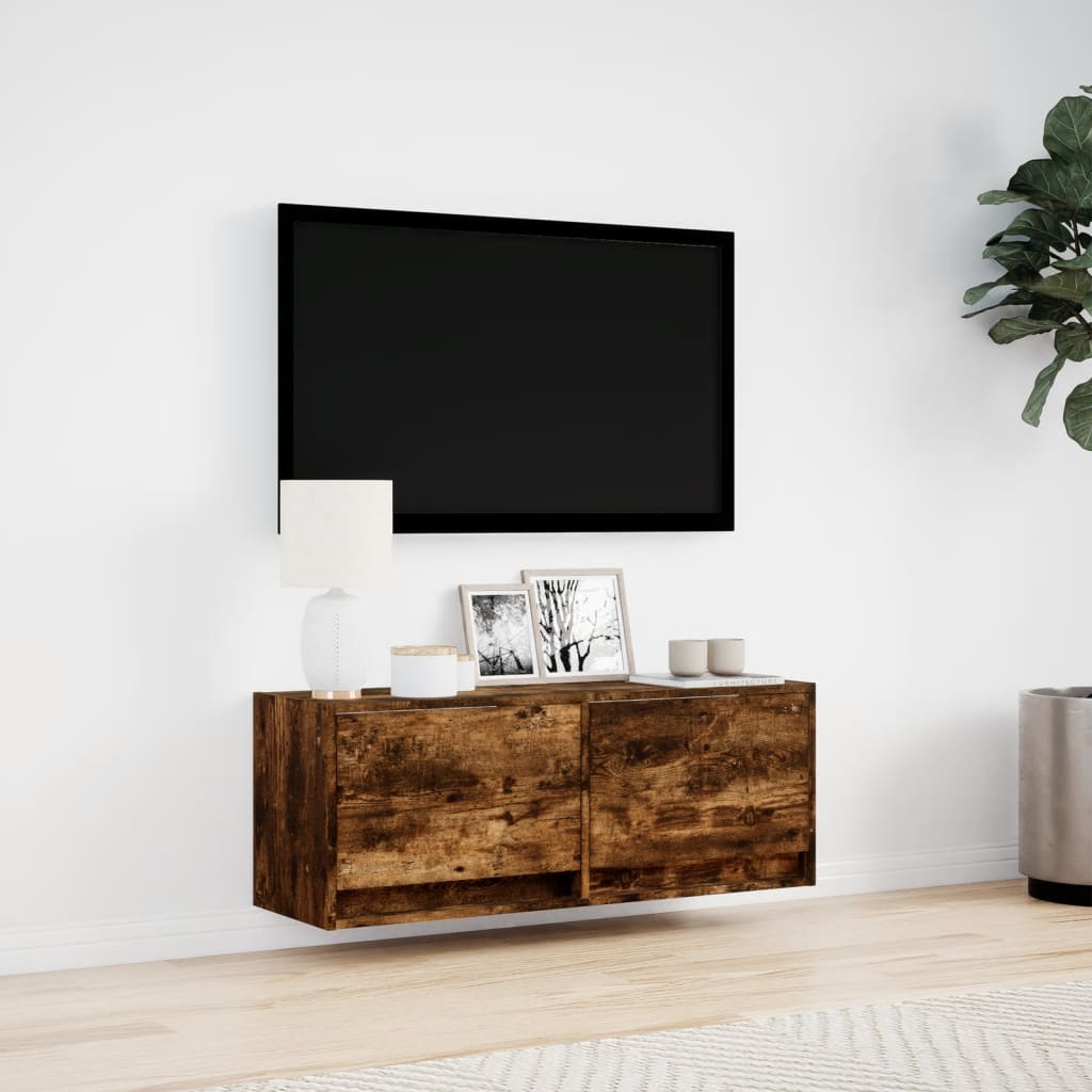 Meuble TV mural avec lumières LED chêne fumé 100x31x35 cm - XIOS