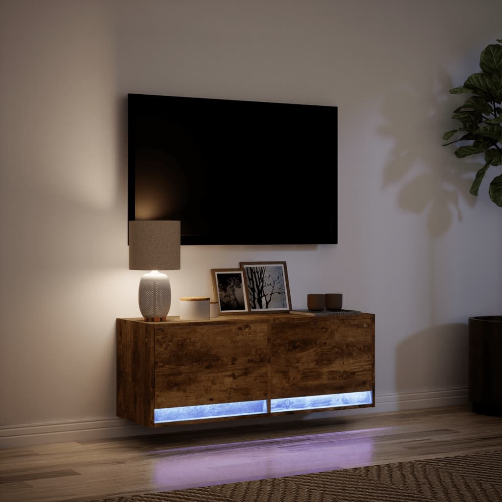 Meuble TV mural avec lumières LED chêne fumé 100x31x35 cm - XIOS