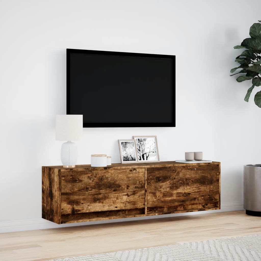 Meuble TV mural avec lumières LED chêne fumé 140x31x38 cm - XIOS