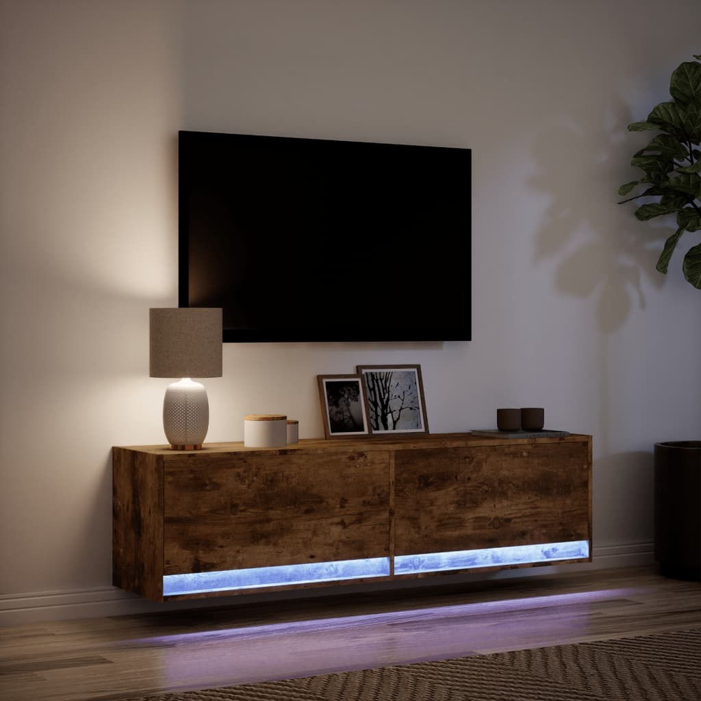 Meuble TV mural avec lumières LED chêne fumé 140x31x38 cm - XIOS