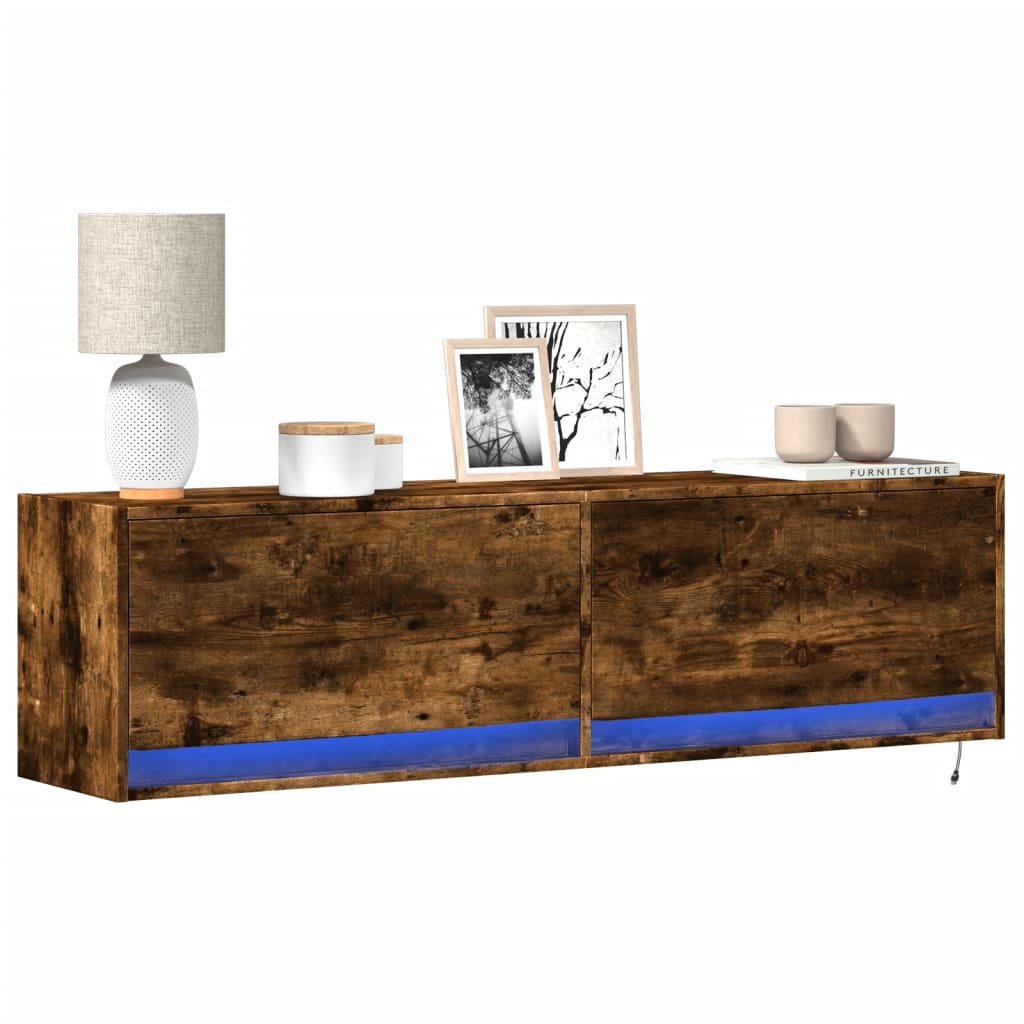 Meuble TV mural avec lumières LED chêne fumé 140x31x38 cm - XIOS