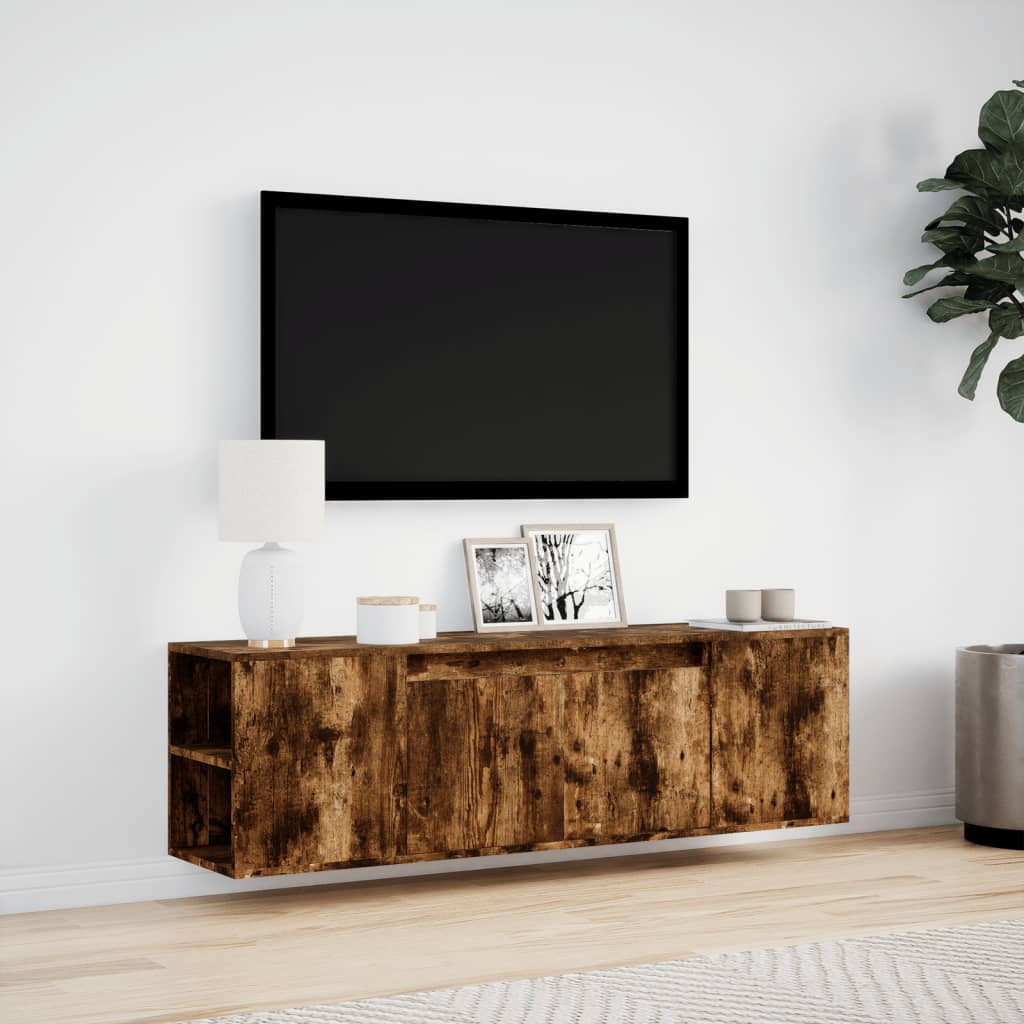 Meuble TV mural avec lumières LED chêne fumé 135x31x39,5 cm - XIOS