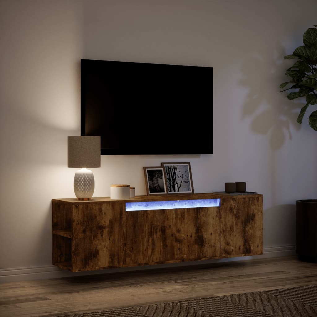 Meuble TV mural avec lumières LED chêne fumé 135x31x39,5 cm - XIOS