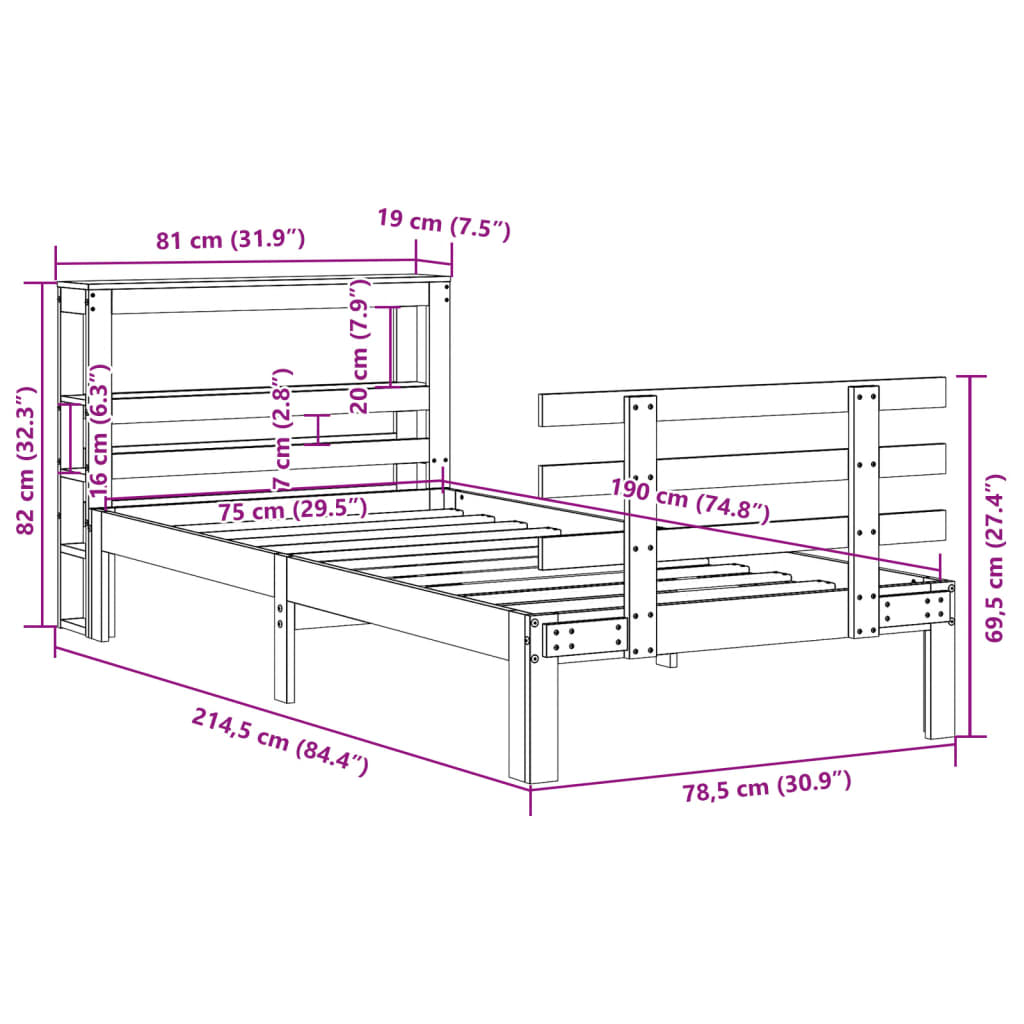 Cadre de lit avec tête de lit sans matelas 75x190 cm - XIOS