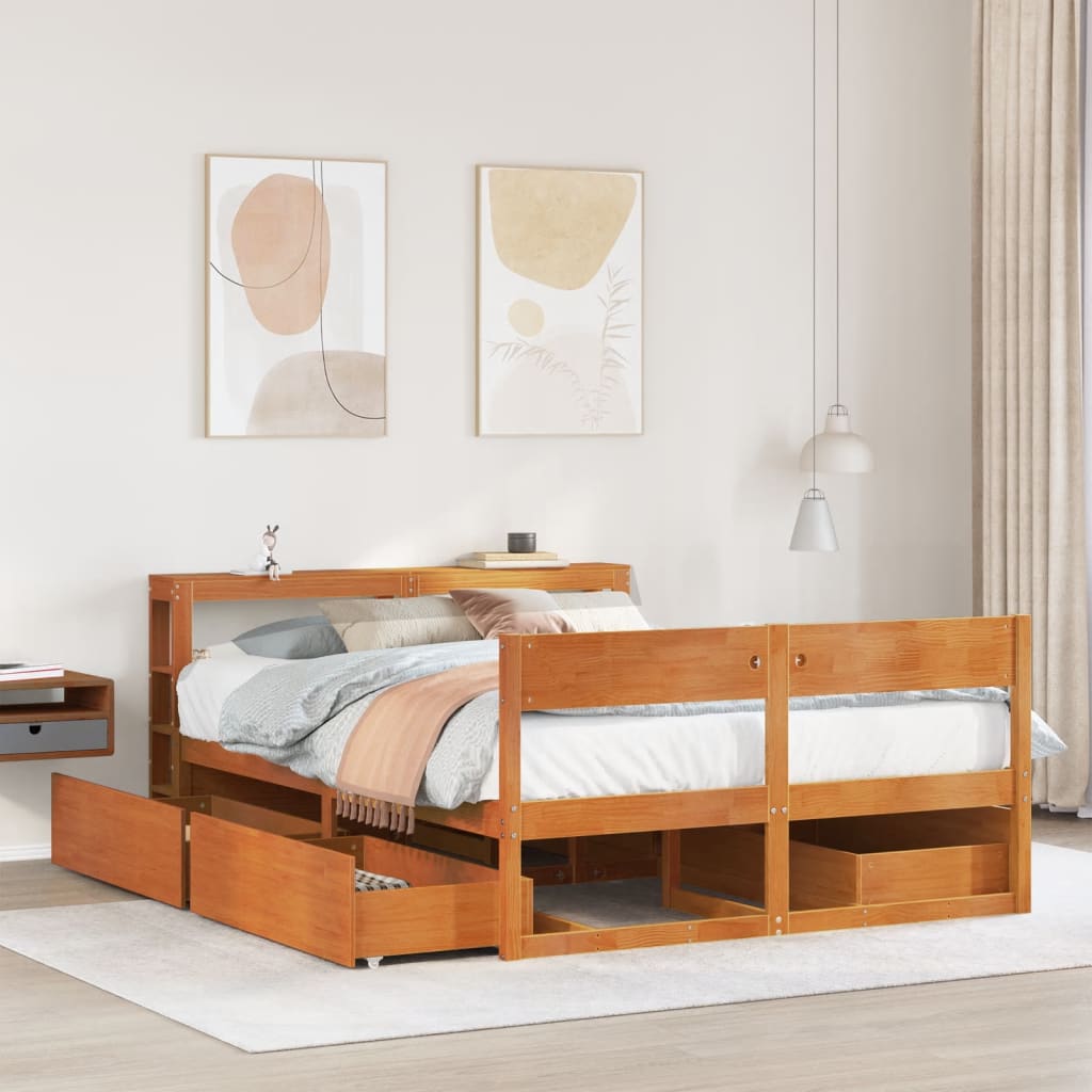 Cadre de lit sans matelas cire marron 135x190cm bois pin massif - XIOS