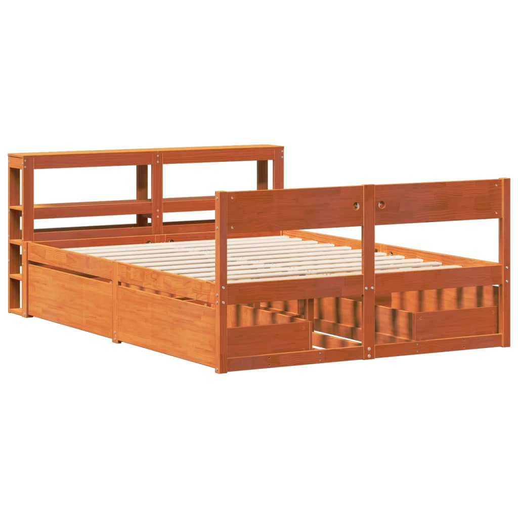 Cadre de lit sans matelas cire marron 135x190cm bois pin massif - XIOS