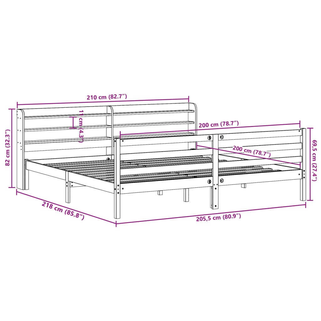 Cadre de lit sans matelas cire marron 200x200cm bois pin massif - XIOS