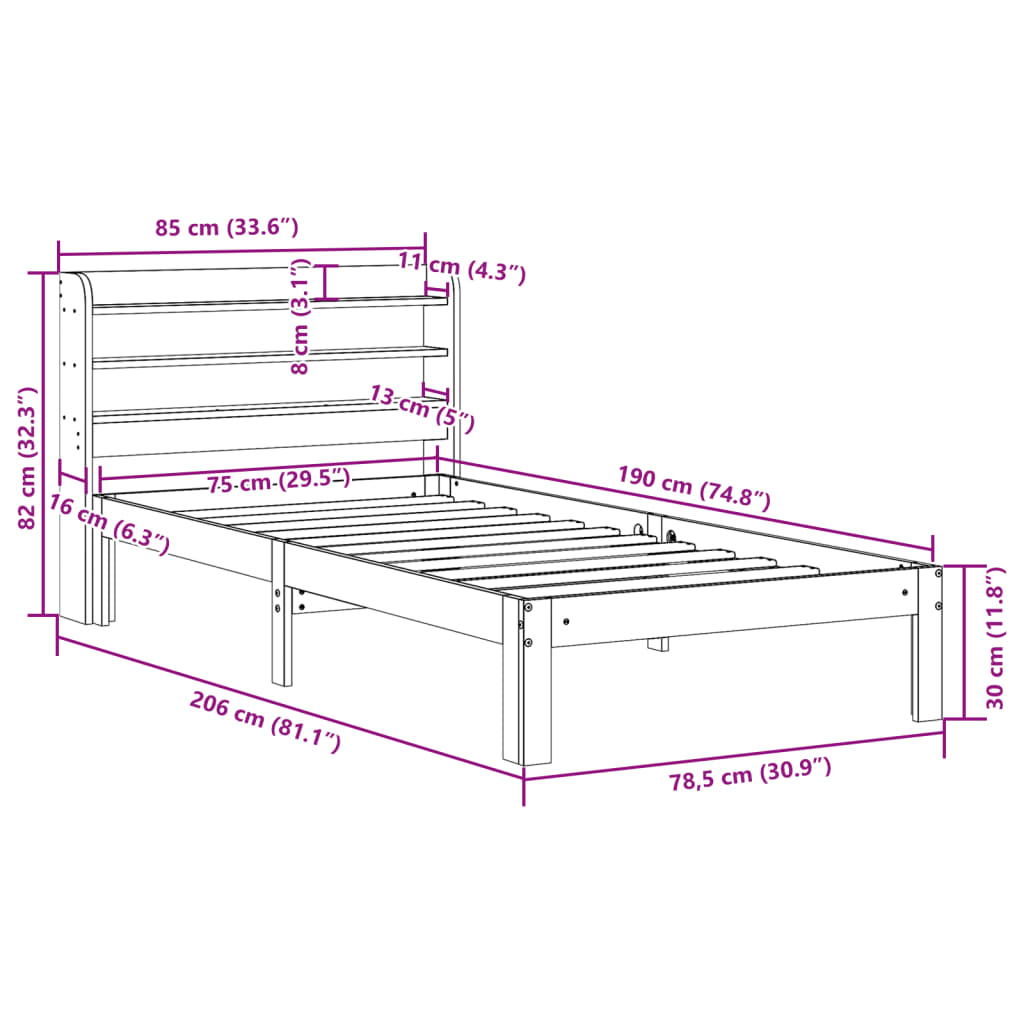 Cadre de lit avec tête de lit sans matelas 75x190 cm - XIOS