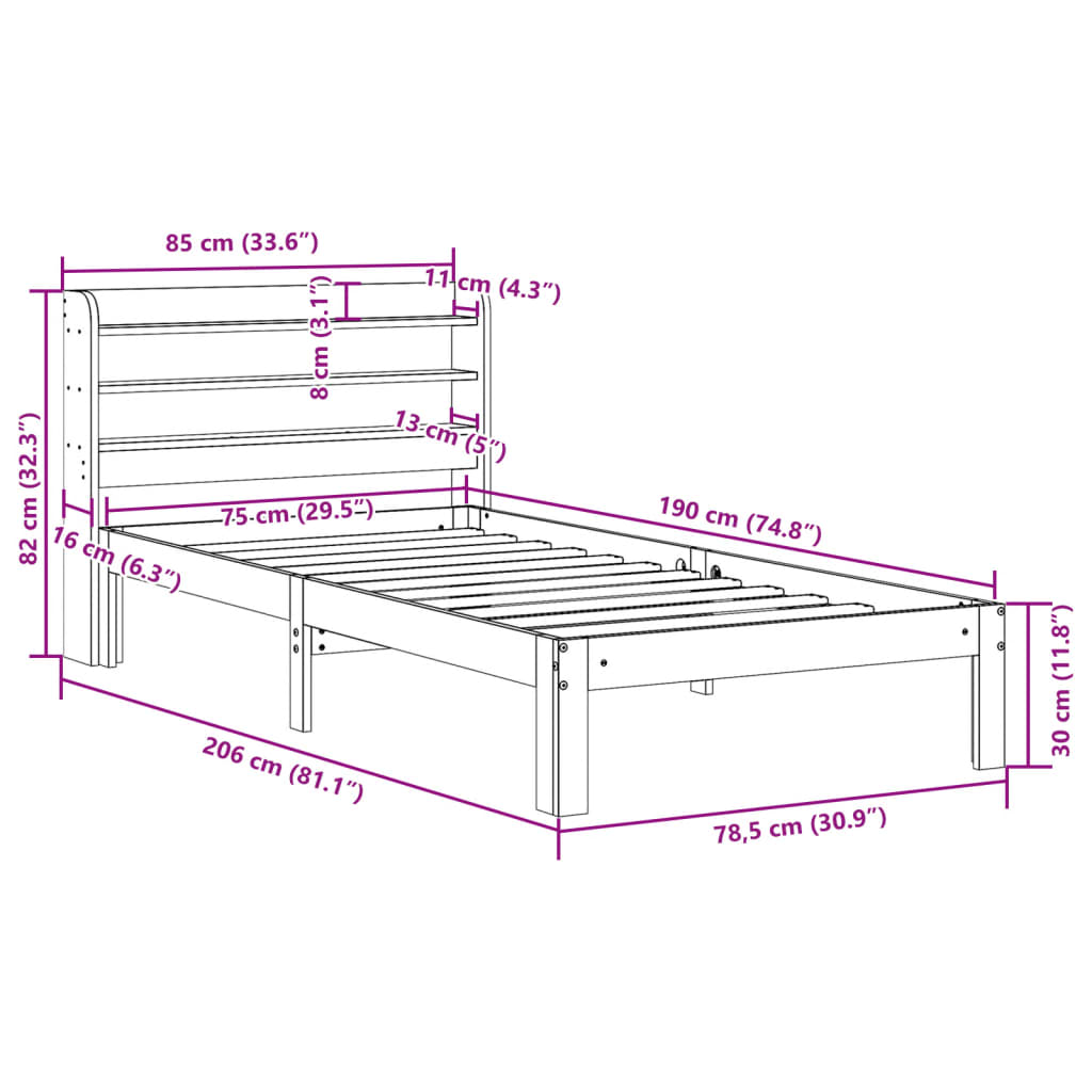 Cadre de lit sans matelas cire marron 75x190 cm bois pin massif - XIOS