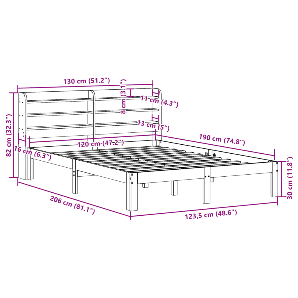 Cadre de lit sans matelas cire marron 120x190cm bois pin massif - XIOS