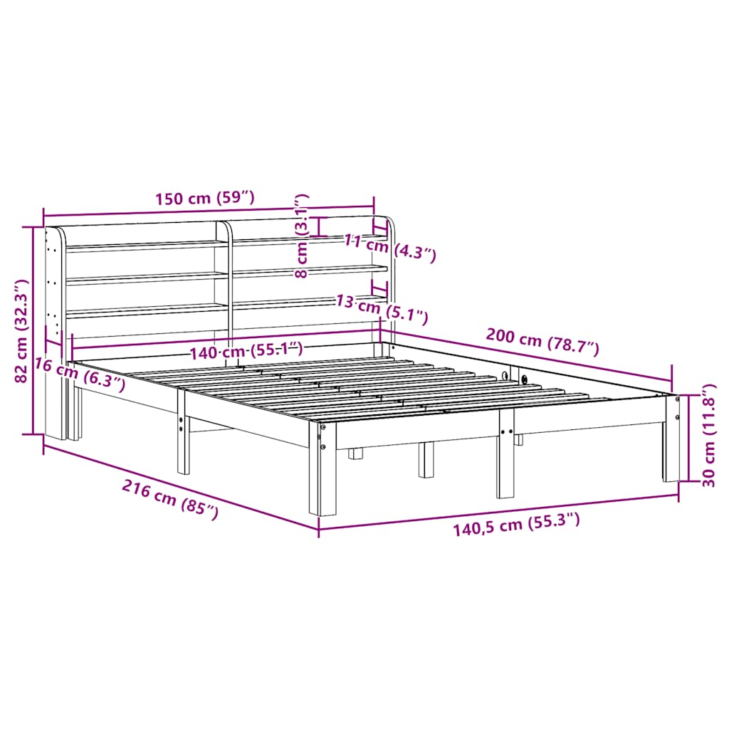 Cadre de lit sans matelas cire marron 140x200cm bois pin massif - XIOS