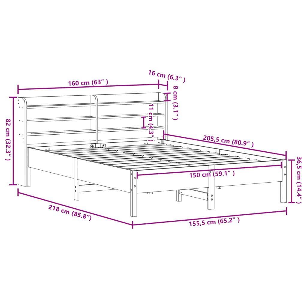 Cadre de lit sans matelas cire marron 150x200cm bois pin massif - XIOS