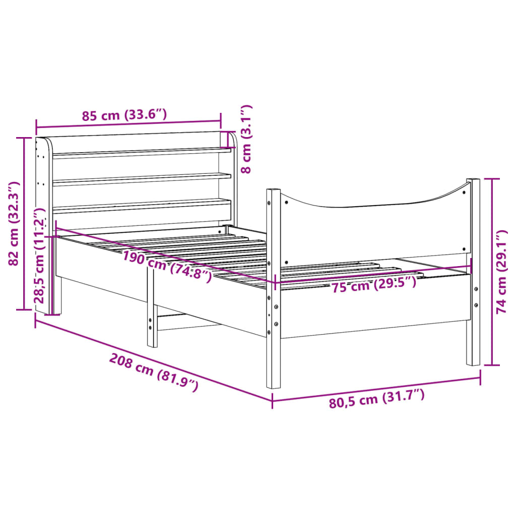 Cadre de lit avec tête de lit cire marron 75x190 cm bois de pin - XIOS