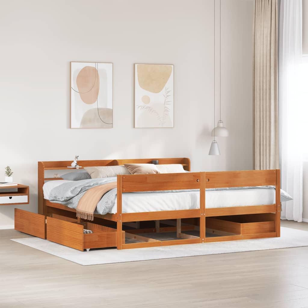 Cadre de lit sans matelas cire marron 200x200cm bois pin massif - XIOS
