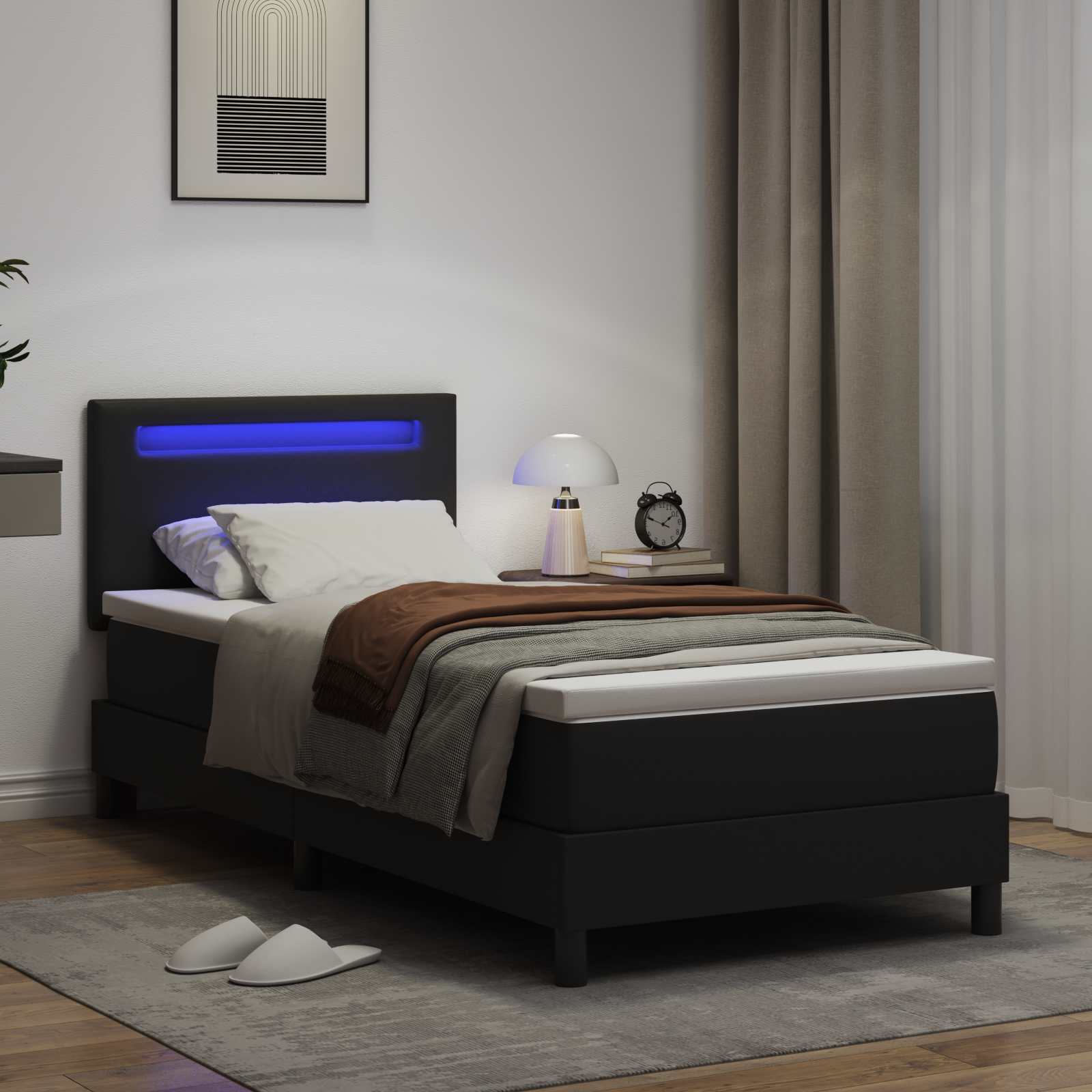 Lit à ressorts avec bandes LED Noir 90 x 190 cm Simili cuir