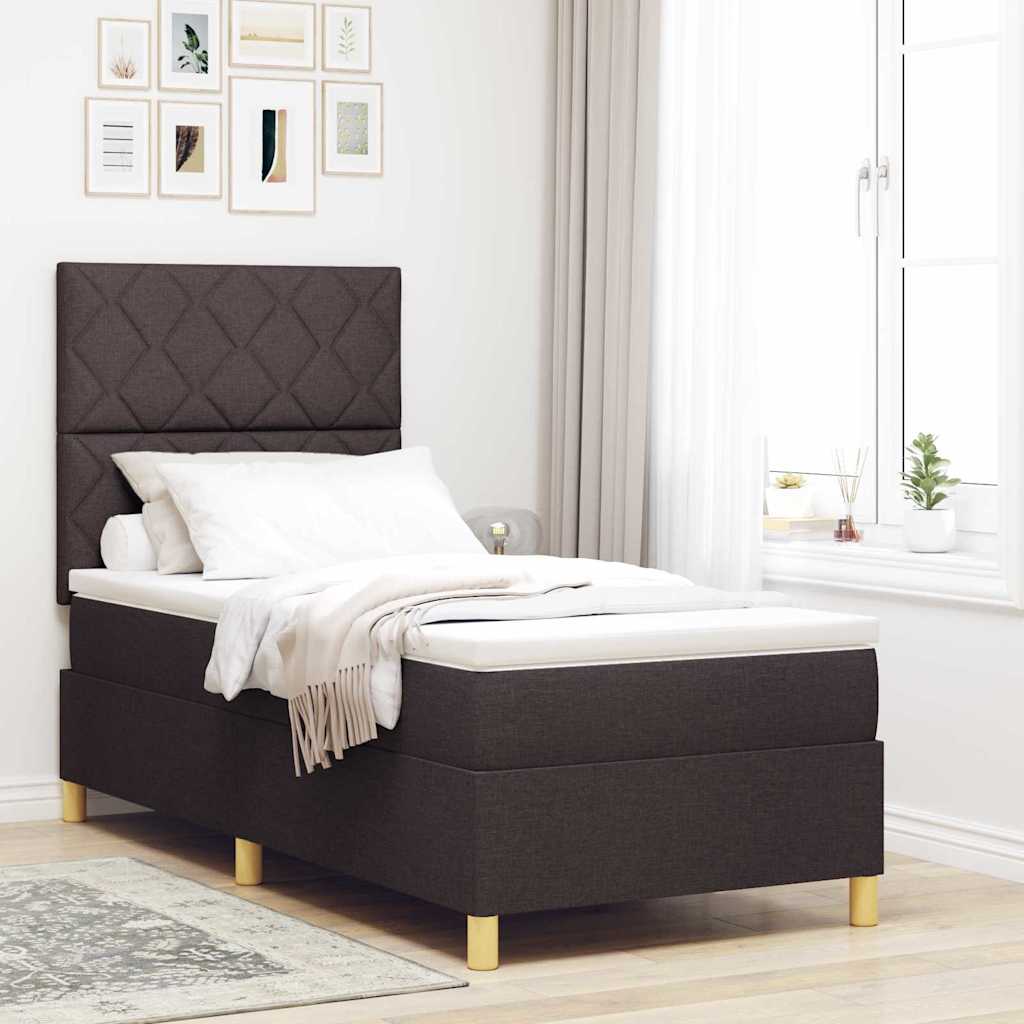 Lit à ressorts avec tête de lit Marron foncé 90 x 190 cm tissu