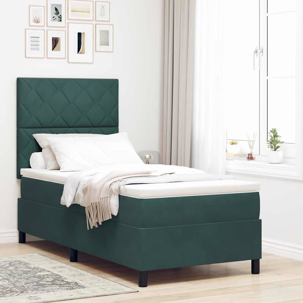 Lit à ressorts avec matelas Vert foncé 90 x 200 cm tissu