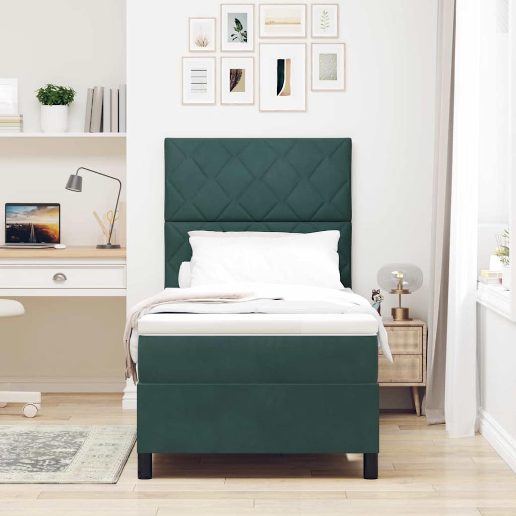 Lit à ressorts avec matelas Vert foncé 90 x 200 cm tissu