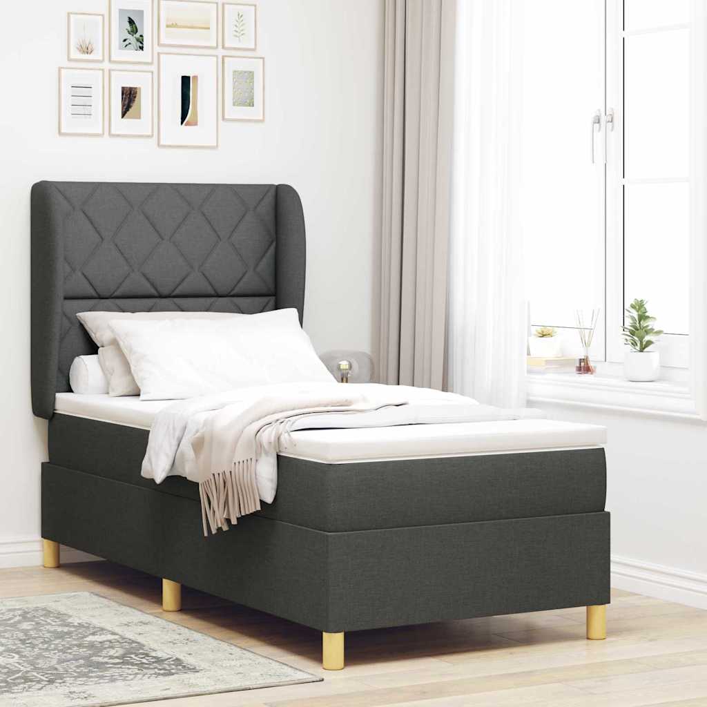 Lit à ressorts avec tête de lit Gris foncé 200 x 90 cm tissu