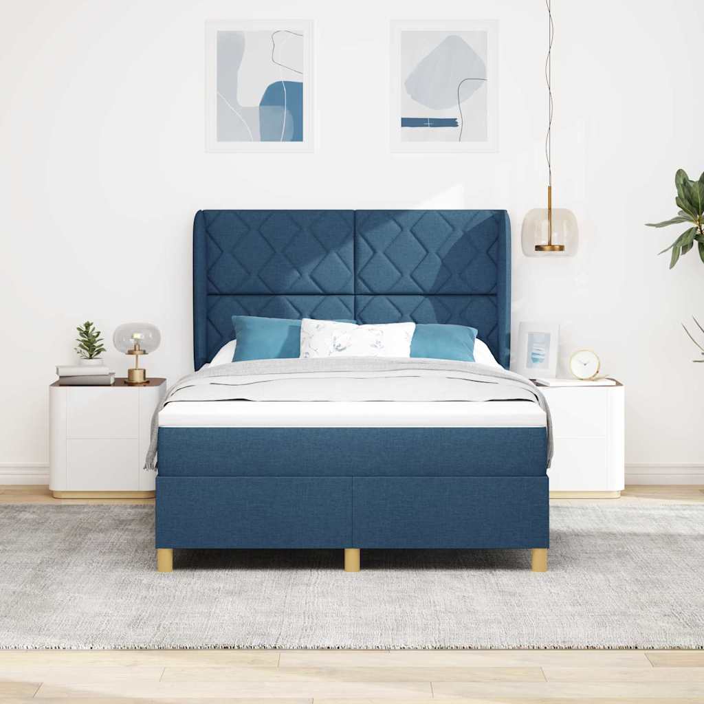 Lit à ressorts avec tête de lit Bleu 190 x 140 cm tissu