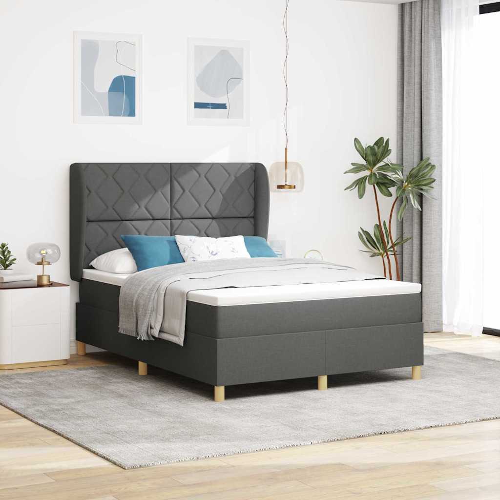 Lit à ressorts avec tête de lit Gris foncé 200 x 140 cm tissu