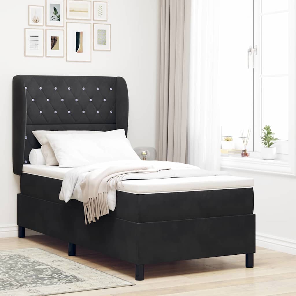 Lit à ressorts avec matelas Noir 190 x 90 cm Velours