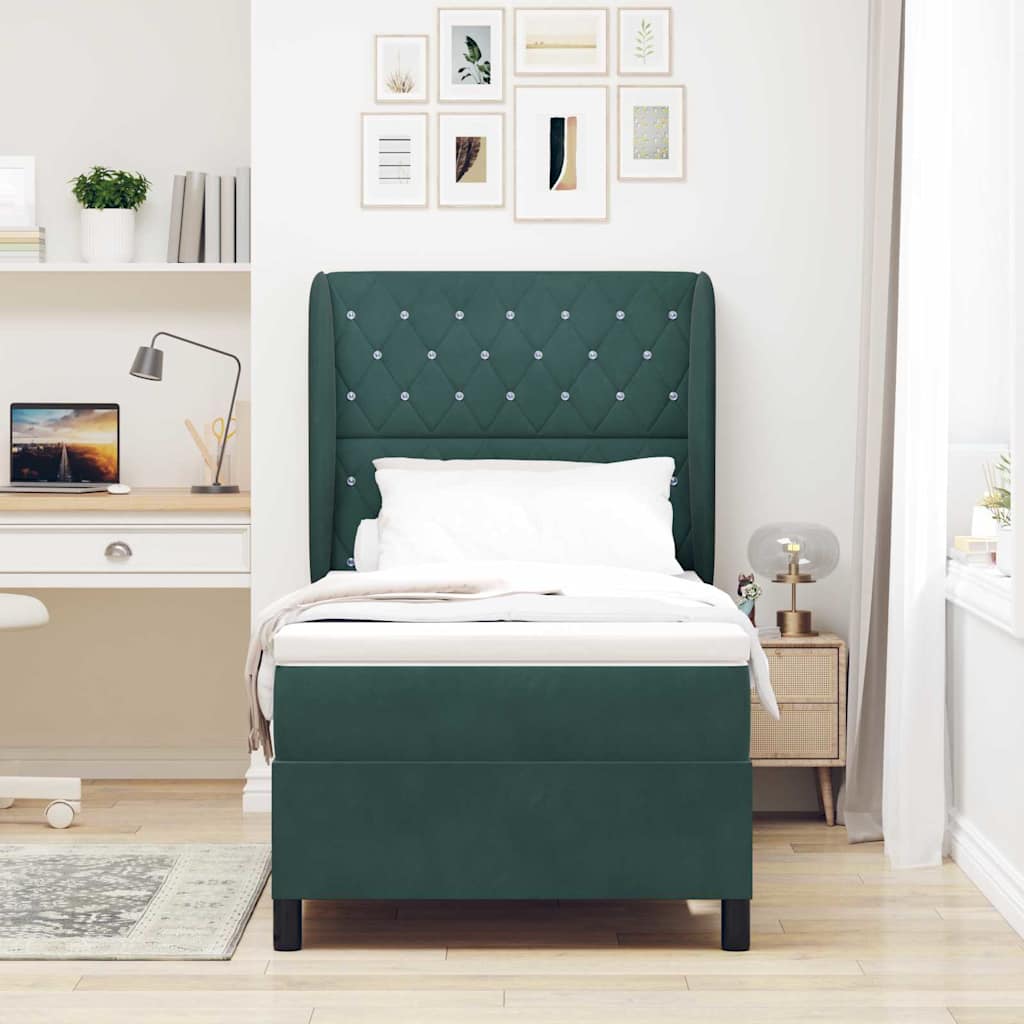 Lit à ressorts avec matelas Vert foncé 200 x 90 cm Velours