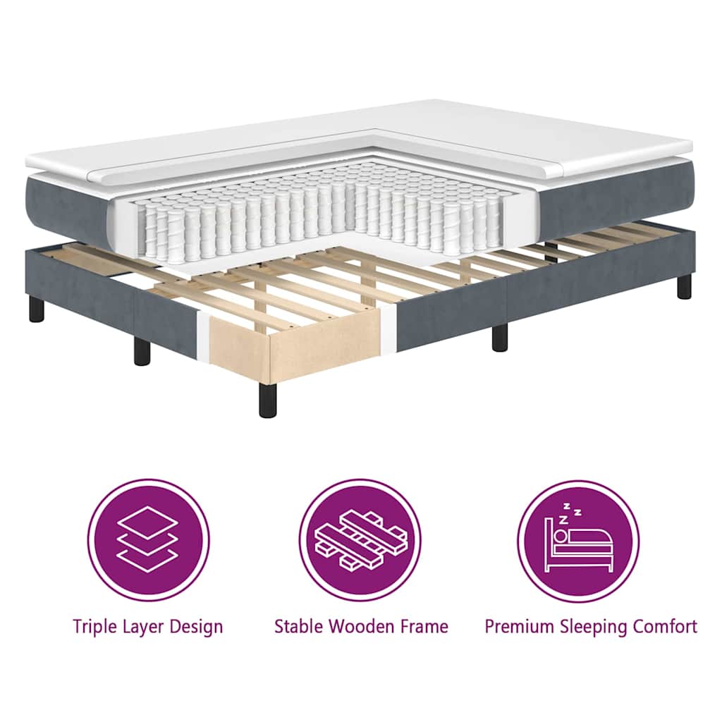 Lit à ressorts avec matelas Gris foncé 200 x 140 cm Velours