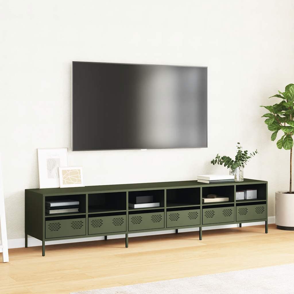 Meuble TV vert olive 202x39x43,5 cm acier laminé à froid - XIOS