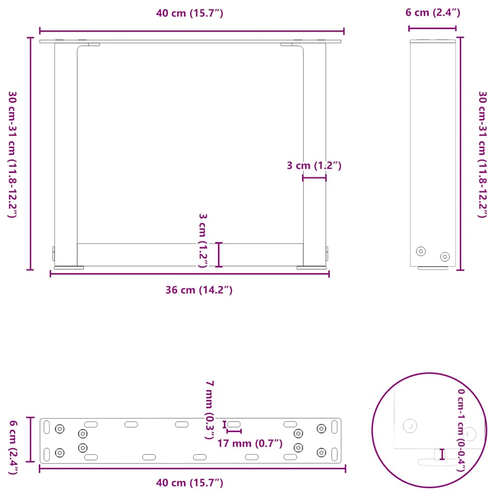 Pieds de table basse en U, 2 pièces, acier naturel, 40 x (30-31) cm - XIOS