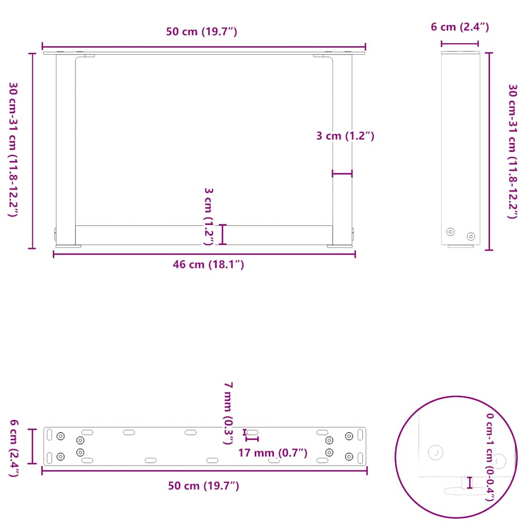Pieds de table basse en U, 2 pièces, acier naturel, 50 x (30-31) cm - XIOS