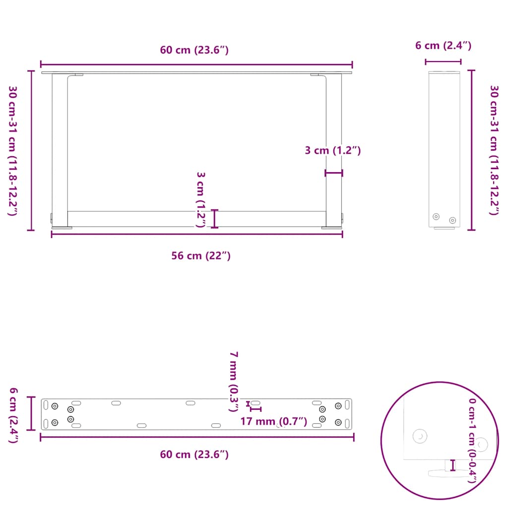 Pieds de table basse en U 2 pièces Acier naturel 60 x (30-31) cm Acier - XIOS