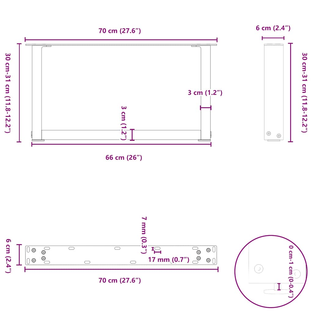 Pieds de table basse en U 2 pièces Blanc 70 x (30-31) cm Acier - XIOS