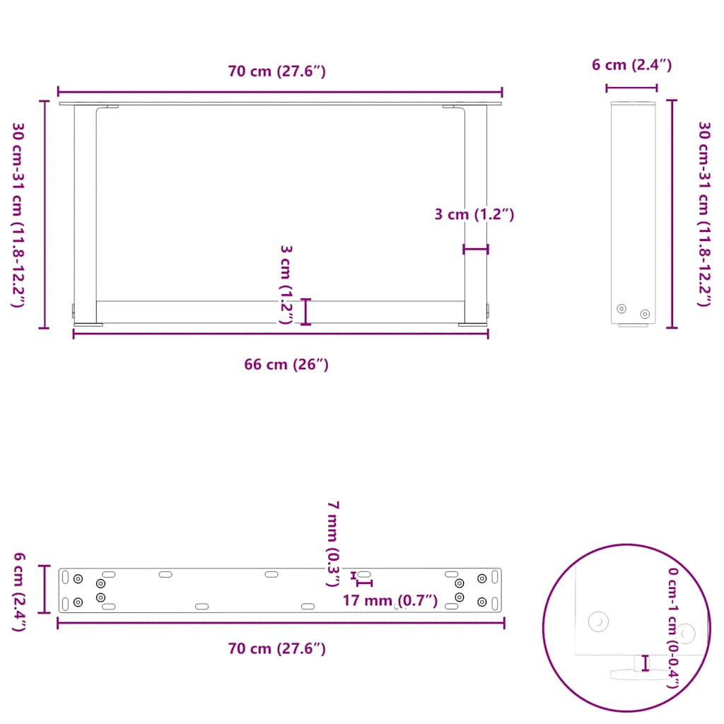 Pieds de table basse en U 2 pièces Anthracite 70 x (30-31) cm Acier - XIOS