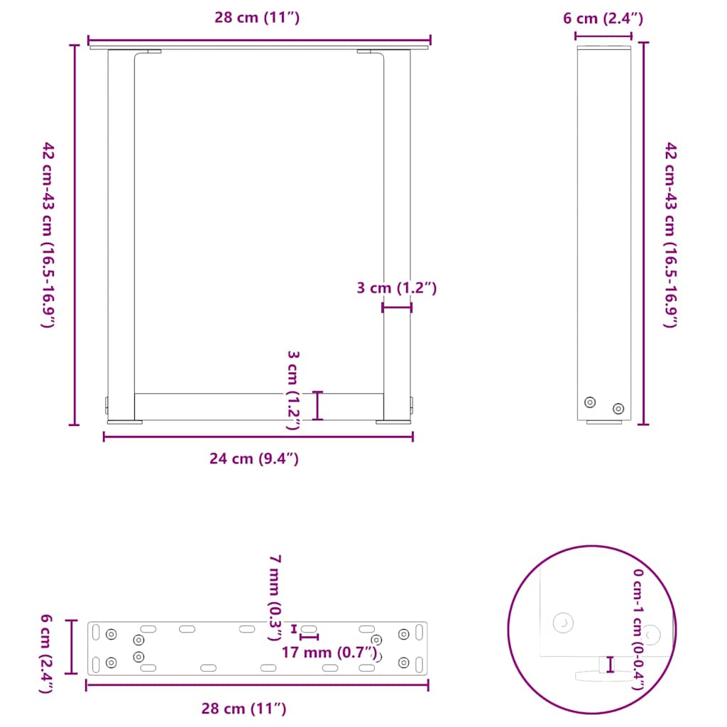 Pieds de table basse en U 2 pièces Noir 28 x (42-43) cm Acier - XIOS