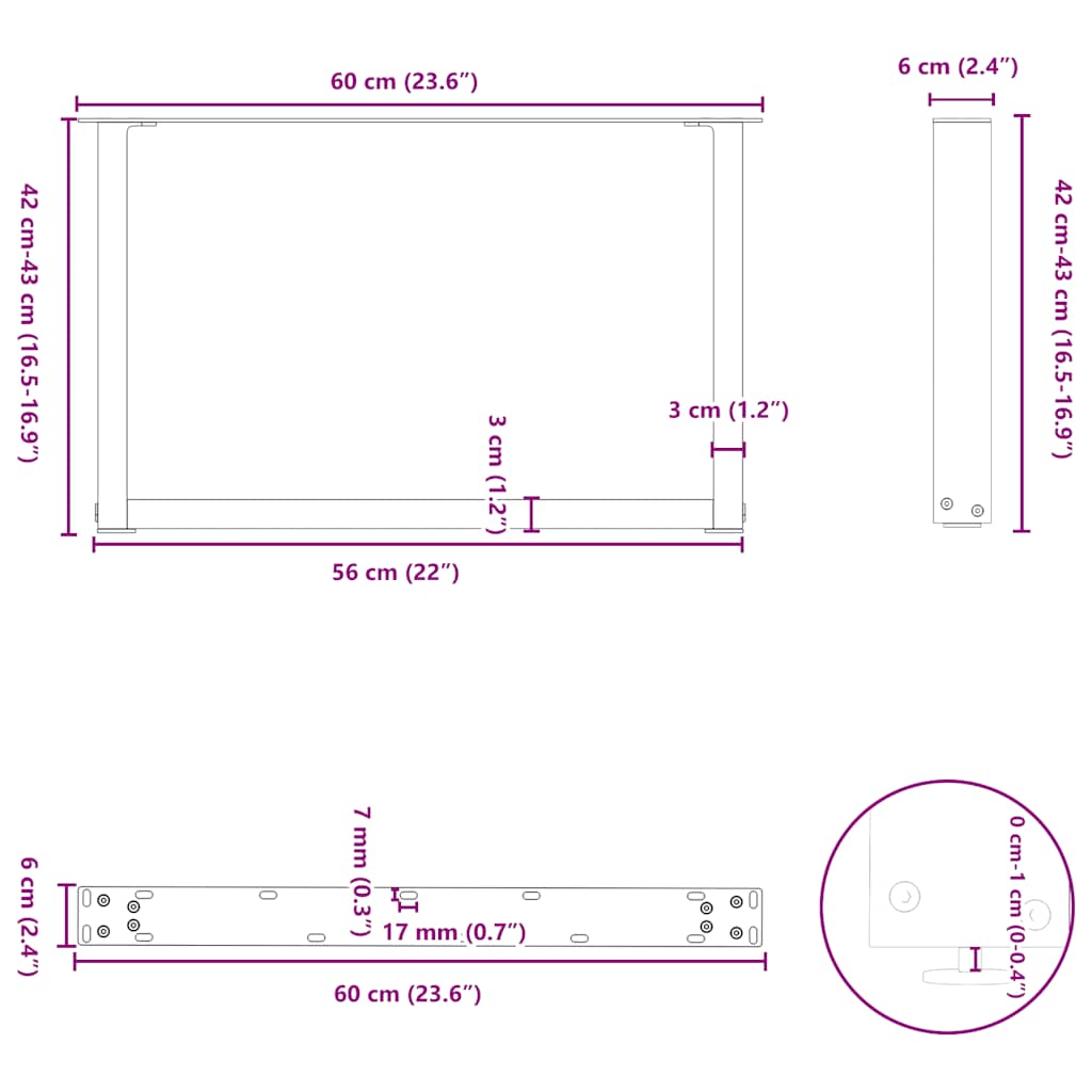 Pieds de table basse en U, 2 pièces, acier naturel, 60 x (42-43) cm - XIOS