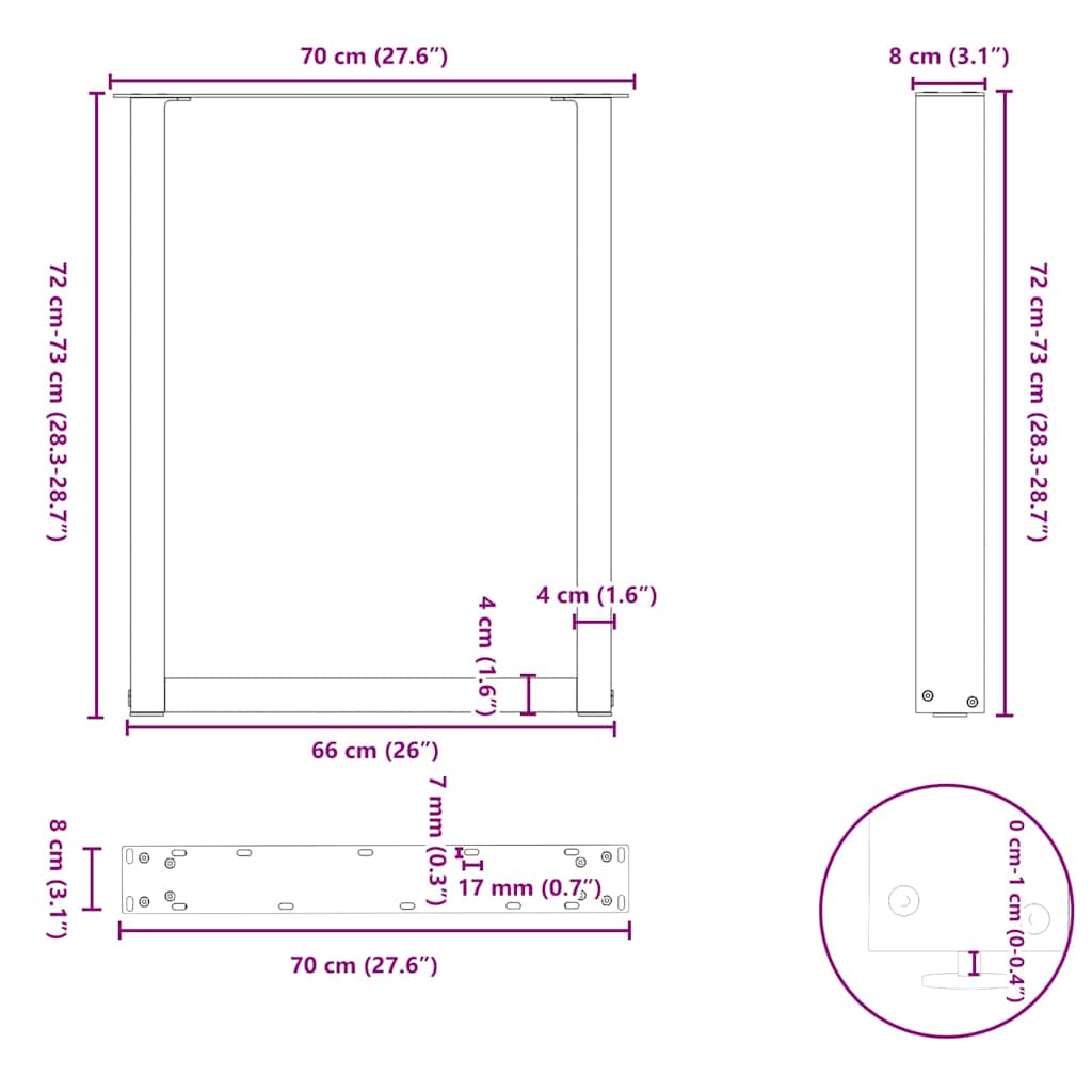 Pieds de table à manger en forme de U, 2 pièces, acier naturel, 70 x (72-73) cm - XIOS