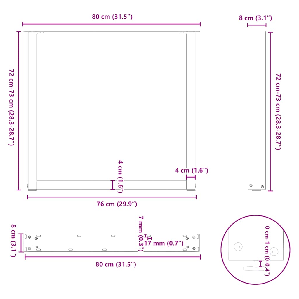 Pieds de table à manger en U 2 pièces Acier naturel 80 x (72-73) cm Acier - XIOS