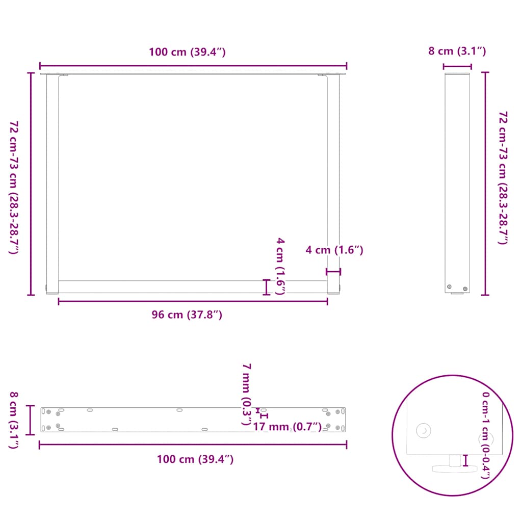 Pieds de table à manger en U 2 pièces Noir 100 x (72-73) cm Acier - XIOS