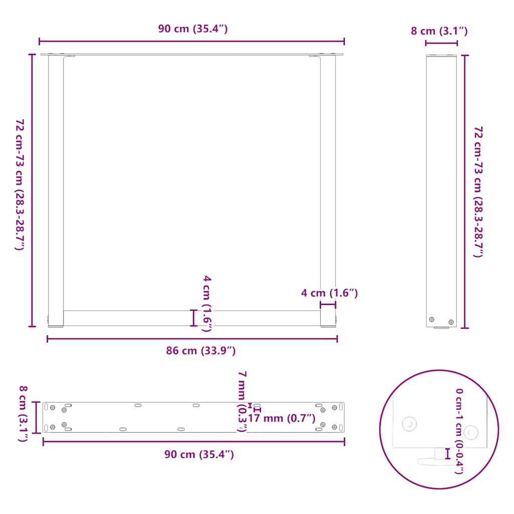 Pieds de table à manger en U, 3 pièces, acier naturel, 90 x (72-73) cm - XIOS